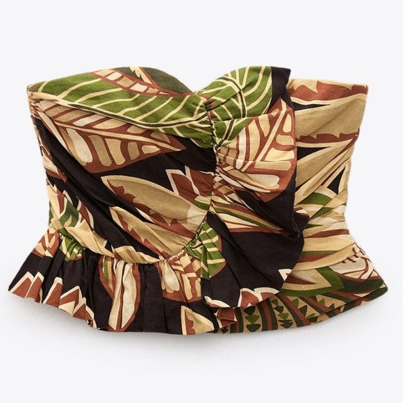 NWT ZARA Linen Blend Green Beige Black Smocked Ruffled Top - Picture 3 of 8